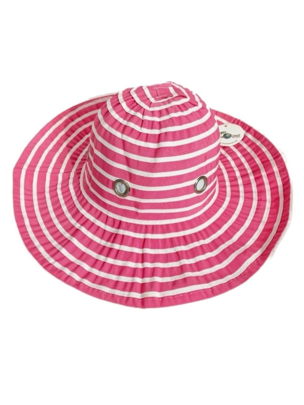 NWT Island Planet Striped Ribbon Floppy Sun Beach Hat Grommet Vents Pink White